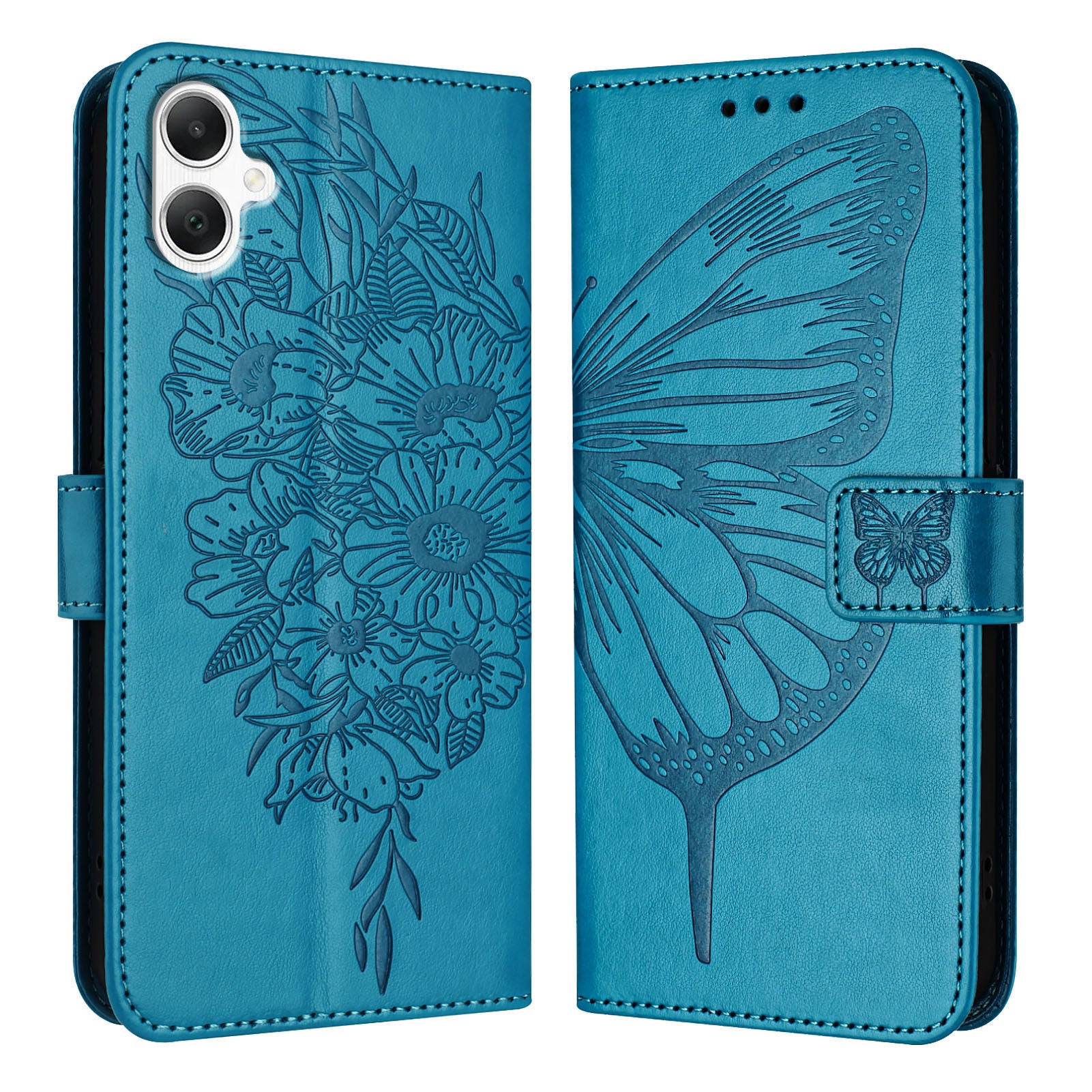 For Samsung Galaxy A06 Case YB Imprinting Series-4 Butterfly Flower Flip Wallet Leather Phone Cover - Blue For Samsung Galaxy A06 Case YB Imprinting Series-4 Butterfly Flower Flip Wallet Leather Phone Cover - Blue